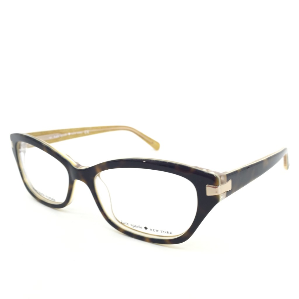 These Kate Spade frames mix a dark totoise front with a clear back and yellow accented temples. Top it off with hints of gold hardware and we are in love!
